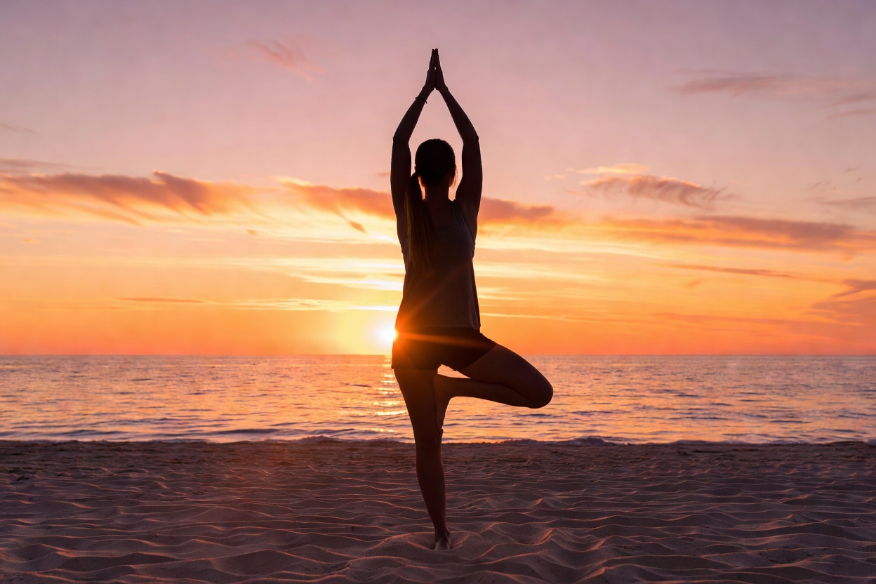 Silhouette of a woman in a yoga pose at sunset — stock lifestyle photo, not a patient