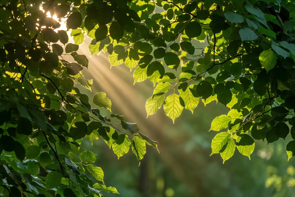 Sunlight filtering through green tree leaves, a decorative botanical image